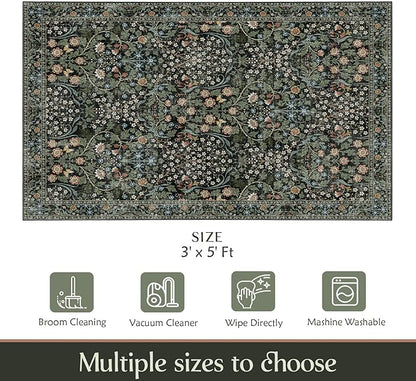 MUJOO 3x5 Rug Washable,Floral Area Rug for Bedroom Office Entryway Living Room Bedside,Small Throw Carpet Boho Non Slip Indoor Floor Botanical Vintage Ultra-Thin Black and Green