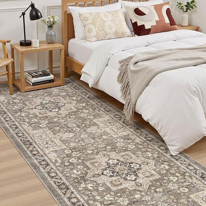 Vintage Hallway Runner Rug 3x10: Large Soft Washable Entryway for Kitchen Laundry Room Non-Slip Backing Runner for Entrance Living Room Bedroom Bathroom - Brown