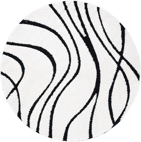 SAFAVIEH Florida Shag Collection 5' Round Ivory / Black SG471 Abstract Wave Non-Shedding Living Room Bedroom Dining Room Entryway Plush 1.2-inch Thick Area Rug