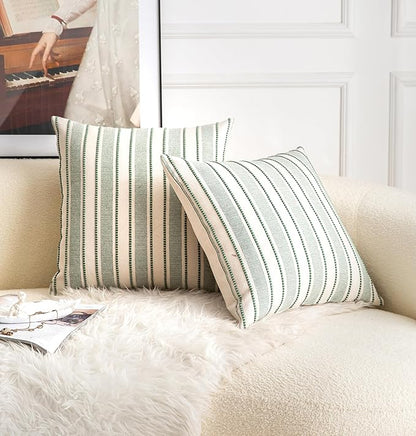 Decorative Boho Throw Pillow Covers, Farmhouse Textured Pillow Case, 22 x 22 Inch Set of 2, Chair Sofa Bedroom Living Room Home Decor Couch Cushion Case, Green and Beige Striped