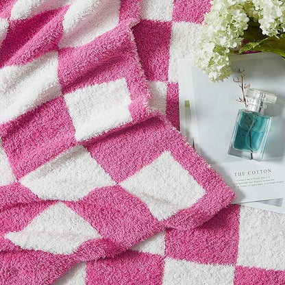 WRENSONGE Checkered Throw Blanket, Hot Pink Soft Cozy Fluffy Warm Hand Made Throw Blankets for Couch, Sofa, Chair, Bed, Camping, Picnic, Travel Lightweight Bed Blanket - 50"*70"