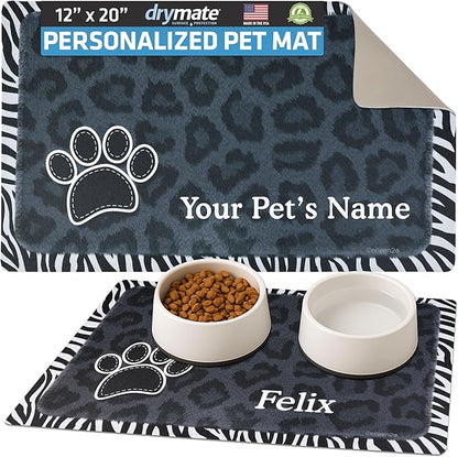 Drymate Personalized Pet Bowl Placemat, Custom Dog & Cat Food Feeding Mat - Absorbent Fabric, Waterproof Backing - Machine Washable/Durable (USA Made) (12" x 20") (Leopard Black)