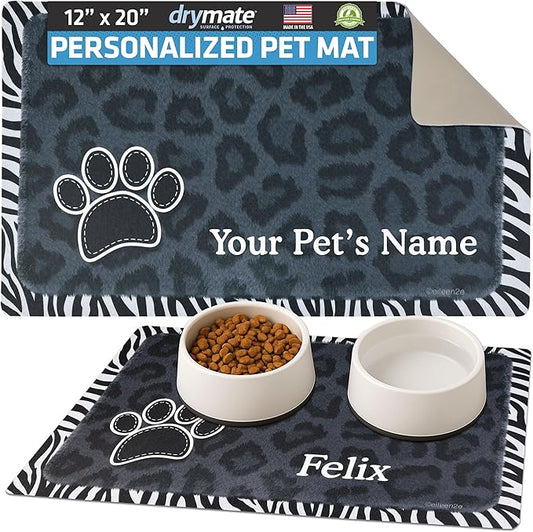 Drymate Personalized Pet Bowl Placemat, Custom Dog & Cat Food Feeding Mat - Absorbent Fabric, Waterproof Backing - Machine Washable/Durable (USA Made) (12" x 20") (Leopard Black)
