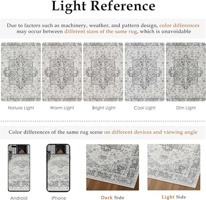 Gray 6x9 Area Rug Washable Vintage Living Room Carpet Non Slip Retro Distressed Low Pile Soft Oriental Medallion Thin Large Grey Throw Rug for Office Bedroom Dining Room Playroom
