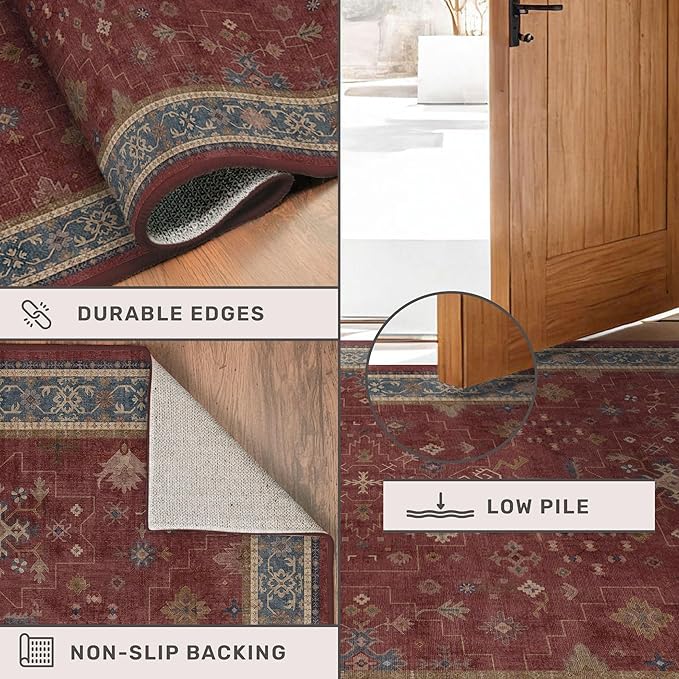 Non Slip 10ft Long Hallway Runner Rug Burgundy - 2 x 10 Runner Rug, Washable & Waterproof 2x10 Kitchen Floor Mat - Oriental Turkish Dark Red Design Décor