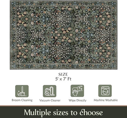 MUJOO Floral 5x7 Area Rugs,Washable Rug for Living Room Bedroom Office Dining Room,Large Throw Carpet,Boho Non Slip Indoor Floor Big Soft Botanical Vintage Ultra-Thin Black and Green
