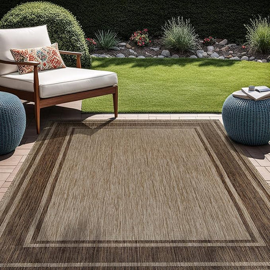 Beverly Rug Outdoor Rug 8x10 Modern Bordered Area Rugs for Indoor and Outdoor Patio Deck Porch Garden Waterproof Weather Sun Resistant Washable Outside Carpet (8 x 10 Jute)