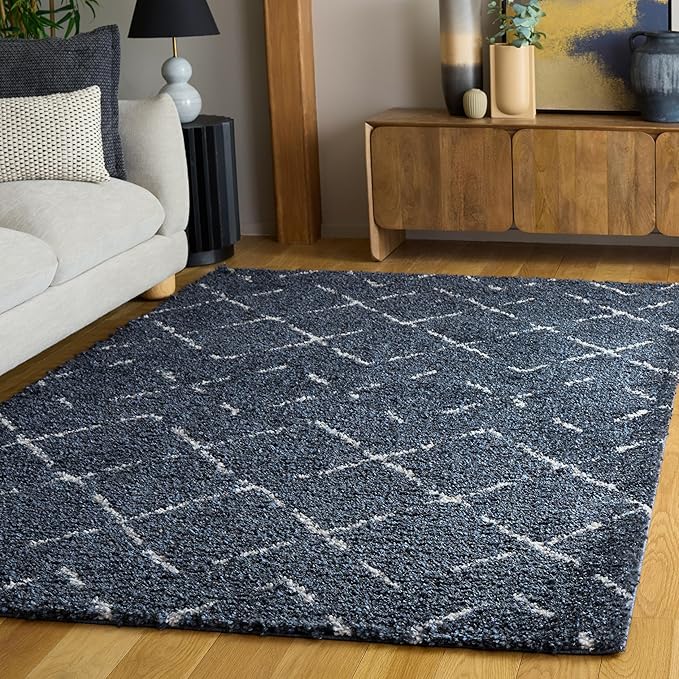 SAFAVIEH Arizona Shag Collection Area Rug - 6'7" x 9'2", Slate Blue & Ivory, Moroccan Boho Design, Non-Shedding & Easy to Clean, Ideal for Living Room, Bedroom, Dining Space (ASG743L)