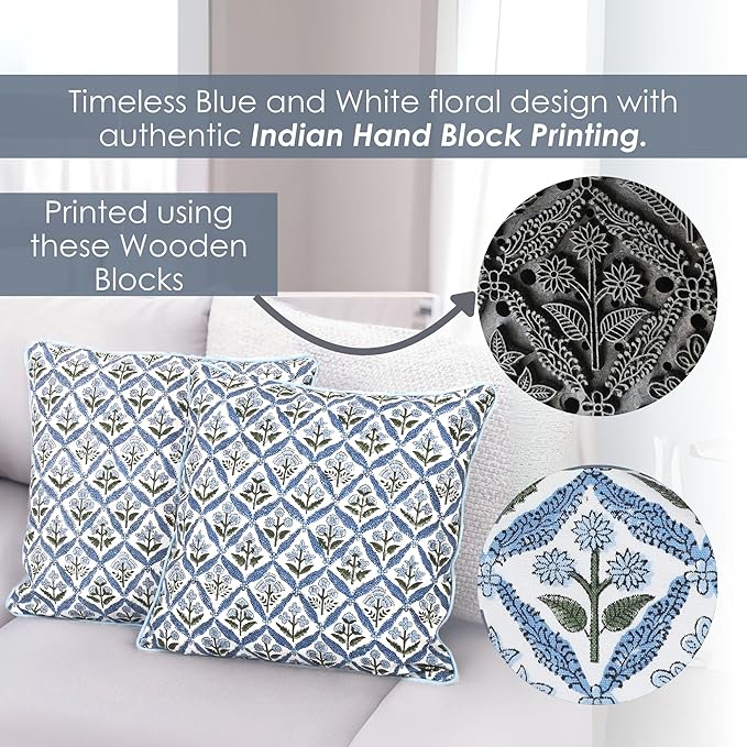 SheetKart Cotton Throw Pillow Covers - Set of 2 - Hand Block Cotton Printed Boho Decorative Pillow Covers - Cushion Covers for Living Room, Bohemian Theme, 16x16 Inches, Floral Blue