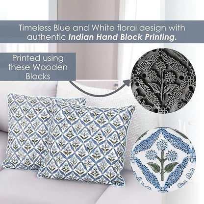 SheetKart Cotton Throw Pillow Covers - Set of 2 - Hand Block Cotton Printed Boho Decorative Pillow Covers - Cushion Covers for Living Room, Bohemian Theme, 16x16 Inches, Floral Blue