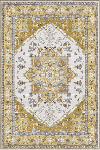 OPPODREAM Thin 6x9 Area Rugs, Washable Rug 6x9 with Non Slip Backing, Faux Cashmere Low-Pile 6 x 9 Carpet, Yellow