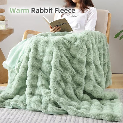 Smoofy Faux Fur Throw Blanket for Couch – Sage Fluffy Cozy Rabbit Fleece, Plush Soft Bubble Blanket for Sofa & Bed, for Mom, Warm Fuzzy Home Room Decor Throw 50" x 60"