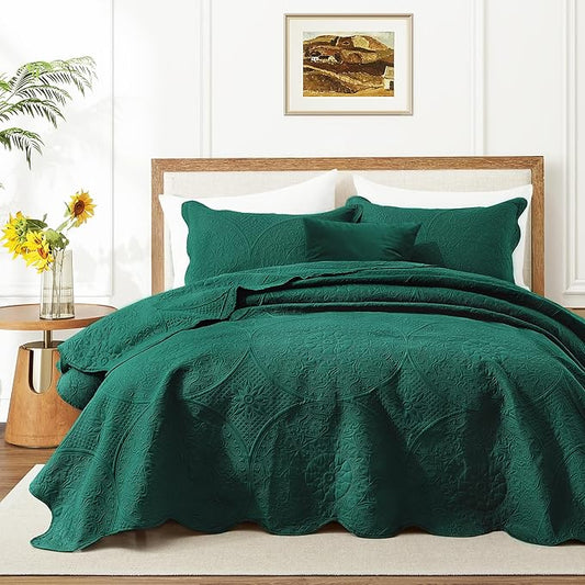 IR Imperial Rooms Twin Quilt Bedding Set Size (68” x 86”) + 1 Pillow Shams (20” x 26” + 2”) - 2 Pcs All Season Lightweight Reversible Microfiber Coverlet Floral Embossed Quilt Bedspread (Emerald)