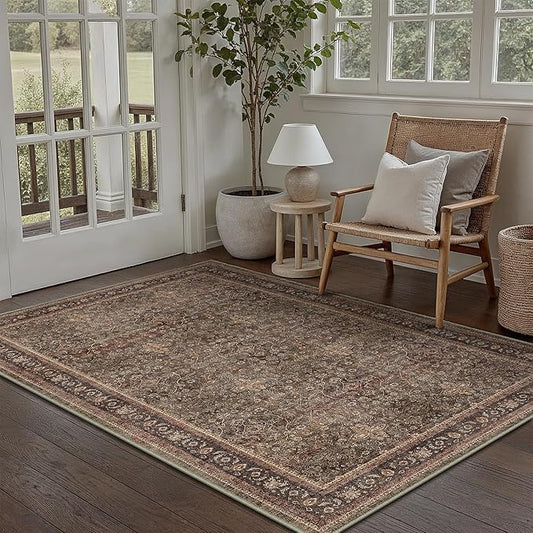 Entryway Area Rug 3x5 Brick Red Vintage Washable Office Carpet Traditional Distressed Indoor Entry Soft Non Slip Small Door Mat Retro Low Pile Thin Rug for Kitchen Laundry Bedroom