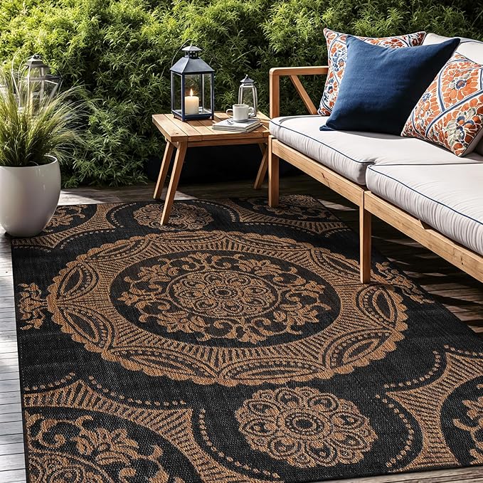 Medallion Outdoor Rug 6x9 Washable Outside Carpet for Indoor Patio Porch Waterproof Easy Cleaning Non Shedding Area Rugs Nut Brown 6 x 9
