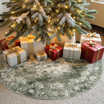 jinchan Round Rug 5ft Area Rug - Green Vintage Floor Mat Kitchen Indoor - Washable Circle 5' Thin Floral Print Christmas Carpet Retro Farmhouse Non Slip Dining Room Living Room Bedroom Office