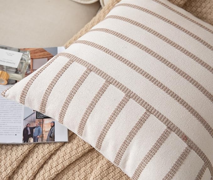 Caflife Boho Throw Pillow Covers 18x18 Set of 2 Soft Farmhouse Decorative Couch Pillow Cases Beige Striped Pillow Covers Neutral Cushion Covers for Sofa Bed Living Room Home Decor