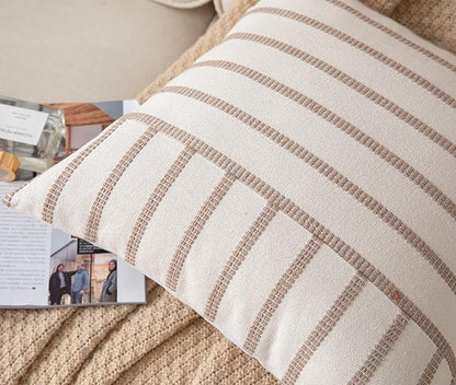 Caflife Boho Throw Pillow Covers 18x18 Set of 2 Soft Farmhouse Decorative Couch Pillow Cases Beige Striped Pillow Covers Neutral Cushion Covers for Sofa Bed Living Room Home Decor