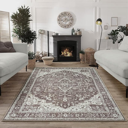 Bloom Rugs Washable Non-Slip 4' x 6' Rug - Dark Brown Traditional Medallion Area Rug for Living Room, Bedroom, Dining Room, and Kitchen - Exact Size: 4' x 6'