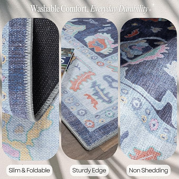 Fame Rugs Navy Blue Modern Oushak Rug 3x5, Washable Vintage Turkish Colorful Oriental Antique Inspired Foldable Small Area Rugs, Luxury Living Room Bedroom (388NB, 2'6" x 5')