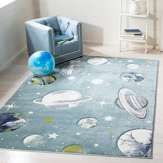 SAFAVIEH Carousel Kids Collection Area Rug - 6'7" x 9', Teal & Ivory, Non-Shedding & Easy Care, Ideal for High Traffic Areas for Boys & Girls in Playroom, Nursery, Bedroom (CRK103J)