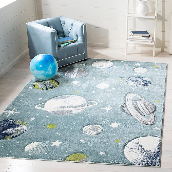 SAFAVIEH Area Rug 8x10 - Carousel Kids Collection - Large - Teal & Ivory, Non-Shedding & Easy Cleaning, Ideal for Boys & Girls in Playroom, Nursery, Bedroom (CRK103J)