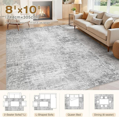 Abstract Living Room Rug 8x10 - Modern Washable Soft Thin Area Rug for Living Room Bedroom Under Dining Table - Neutral Indoor Floor Rug Carpets for Home Office Playroom Nursery - Grey White