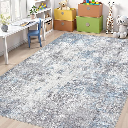 Washable 6X9 Area Rug: Modern Abstract Soft Non-Slip Indoor Rugs Home Decor - Low Pile Stain Resistant Carpet for Living Room Bedroom Dining Room Playroom Office(Blue Grey 6'x9')