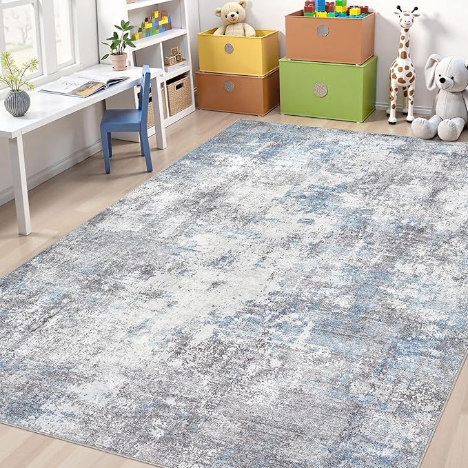 Washable 10X12 Area Rug: Modern Abstract Soft Non-Slip Indoor Rugs - Low Pile Stain Resistant Foldable Rug for Living Room Bedroom Dining Room Playroom Office(Blue Grey,10'x12')