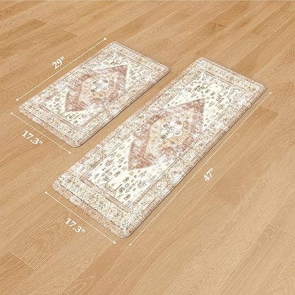 KIMODE Farmhouse Kitchen Mats,Anti Fatigue Kitchen Rugs Sets of 2, Non Slip Waterproof Kitchen Floor Mats, Ergonomic Cushioned Comfort Standing Mat for Laundry, Office, Sink,Desk,Mutil-Khaki