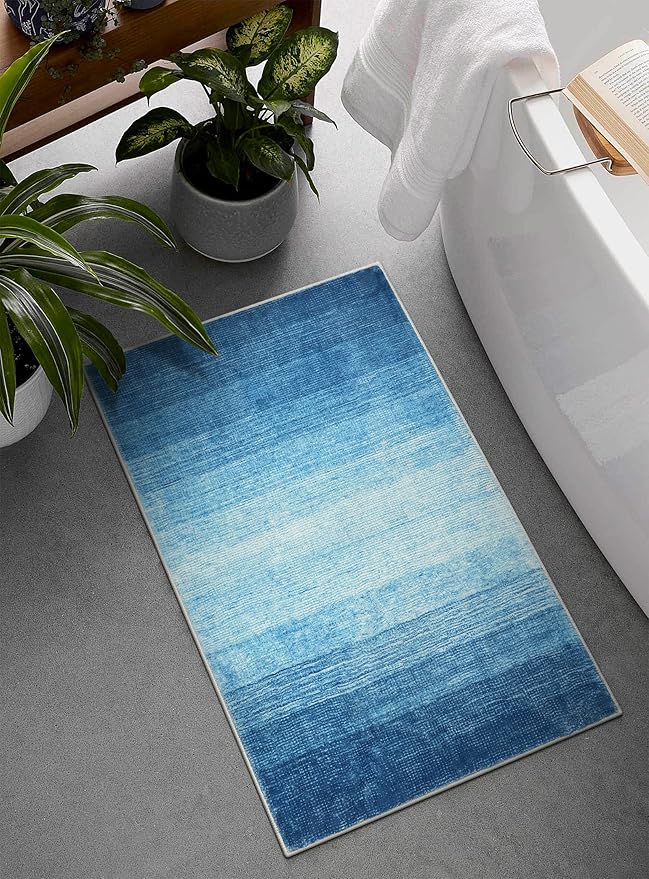 Wonnitar Modern Ombre Small 2x3 Rug for Entryway, Blue Washable Bathroom Soft Throw Mats, Non-Slip Abstract Gradient Area Rug 2x3 Front Door Mat for Indoor Entryway Bedroom Kitchen (Blue, 2'x3')