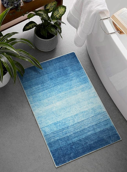 Wonnitar Modern Ombre Small 2x3 Rug for Entryway, Blue Washable Bathroom Soft Throw Mats, Non-Slip Abstract Gradient Area Rug 2x3 Front Door Mat for Indoor Entryway Bedroom Kitchen (Blue, 2'x3')
