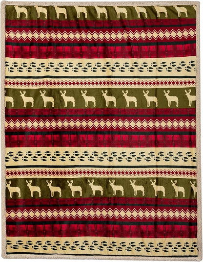 PAVILIA Premium Christmas Sherpa Throw Blanket, Green Red Cabin Design with Reindeer Print, Ultra Soft Reversible Fleece & Sherpa 50x60 Cozy Winter Blanket, Cozy Christmas & Holiday Decor