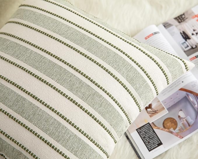 Decorative Boho Throw Pillow Covers, Farmhouse Textured Pillow Case, 20 x 20 Inch Set of 2, Chair Sofa Bedroom Living Room Home Decor Couch Cushion Case, Olive Green and Beige Striped