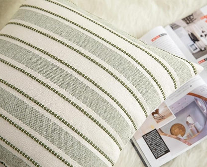 Decorative Boho Throw Pillow Covers, Farmhouse Textured Pillow Case, 20 x 20 Inch Set of 2, Chair Sofa Bedroom Living Room Home Decor Couch Cushion Case, Olive Green and Beige Striped