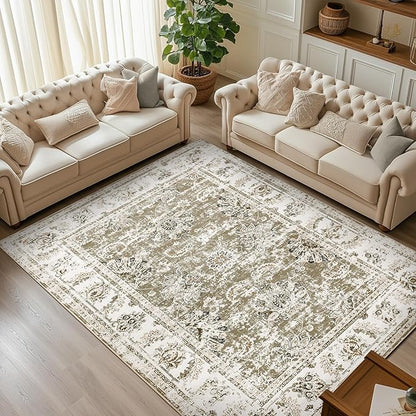 jinchan Fiora 6x9 Area Rugs for Living Room - Machine Washable Vintage Floral Distressed Design Stain Resistant Boho Carpet Ultra-Thin Low Pile Non-Slip Rug for Bedroom Dining Room (6'x9', Taupe)
