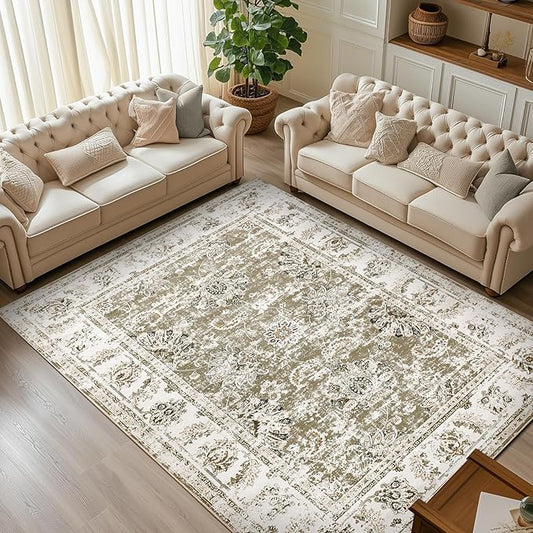 jinchan Fiora 9x12 Area Rugs for Living Room - Machine Washable Vintage Floral Distressed Design Stain Resistant Carpet Low Pile Non-Slip Large Rug for Bedroom Dining Room Home Office (9‘x12', Taupe)