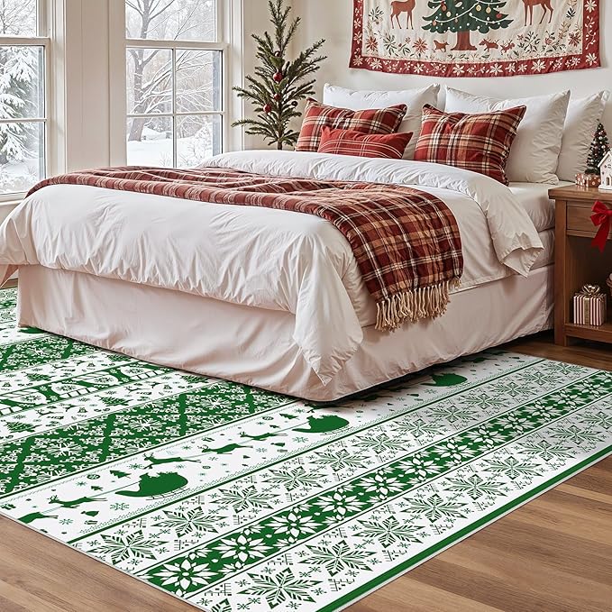 Abstract Living Room Rug 5X7 - Modern Washable Christmas Soft Thin Area Rug for Living Room Bedroom Under Dining Table - Neutral Indoor Floor Rug Carpets for Home Office Playroom Nursery - Green White