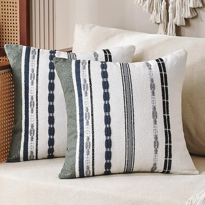 Boho Throw Pillow Covers 18 x 18 Chenille Pillow Covers Striped Square Elegant Neutral Striped Pillowcase Double Sided Pattern Soft Plush Farmhouse Home Decor for Living Room Couch Pack of 2
