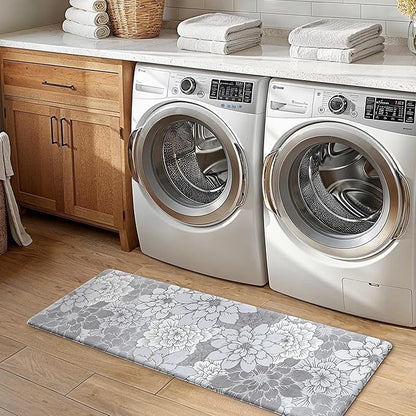 GENIMO Kitchen Mats for Floor, Kitchen Rugs Non Slip Washable Sets of 2, Waterproof Cushioned Anti Fatigue Mat, Floral Runner Rug for Laundry, Sink, Office, Home, 17.3"x47"+17.3"x30", Lavender Grey