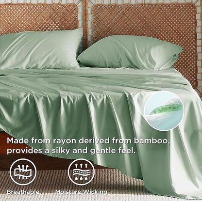 Bedsure King Size Sheets Set, Cooling Sheets for Hot Sleepers, Rayon Derived from Bamboo, Breathable & Soft, Deep Pocket Up to 16 Inches, Hotel Luxury Silky Bedding, Sage Green