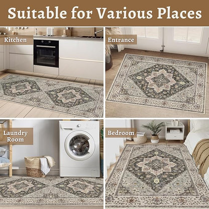 Tangsoo 3x5 Area Rug Vintage Washable Rugs Non Slip, Farmhouse Rugs Indoor Accent Rug Print Distressed Grey Carpet, Soft Low Pile Rug for Living Room Bedside Entryway Bedroom