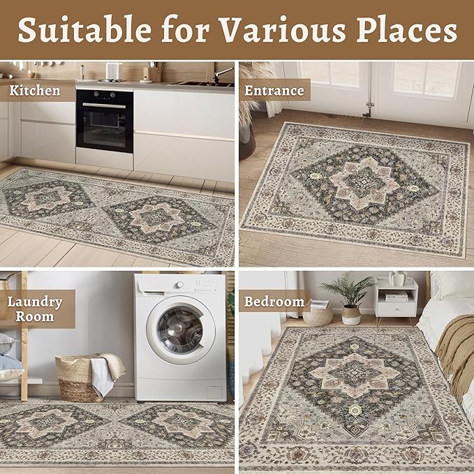 Tangsoo Hallway Runner Rug 2.6x14 Washable Runner Rug for Hallways, Non Slip Vintage Soft Low Pile Long Rug Runner, Print Distressed Carpet Runners for Kitchen Bedroom Entryway Bathroom Living Room
