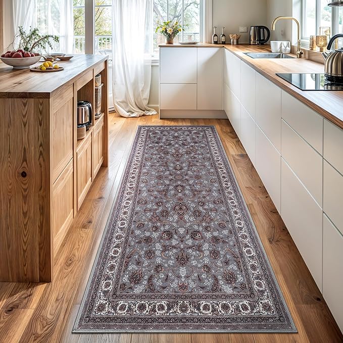 Bloom Rugs Washable Non-Slip 7 ft Runner - Slate Gray Traditional Oriental Runner for Entryway, Hallway, Bathroom, and Kitchen - Exact Size: 2.5' x 7'