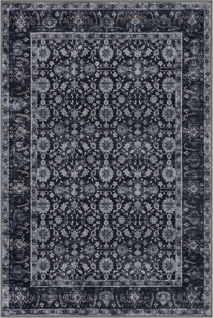 KUTA 5x7 Area Rugs, Vintage Washable Rugs for Living Room Black Grey Orange Ultra Thin Soft Non-Slip Printed Distressed Traditional Farmhouse Carpet for Bedroom Dining Room Dorm Office Home