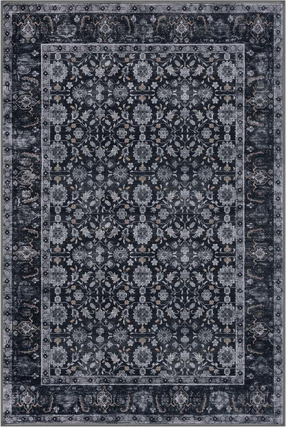 KUTA Vintage 8x10 Area Rugs for Living Room, Washable Large Rug for Bedroom 8ft x 10ft Non-Slip, Black Grey Orange Ultra Thin Soft Printed Traditional Floral Distressed Dining Room Low-Pile Carpet