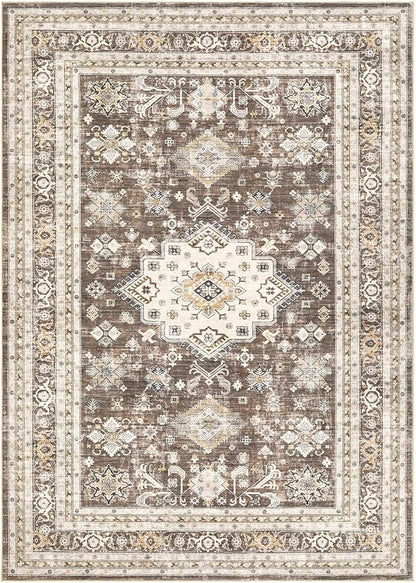 Vintage Living Room Area Rug 10x12 - Large Soft Washable Oriental Traditional Distressed Farmhouse Rugs for Bedroom - Indoor Floor Accent Carpet for Home Office House Decor - Dark Brown