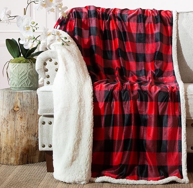CARSTENS, INC. Ultra Premium Super Soft Plush Sherpa Fleece Oversized Throw Blanket 54" x 68", Red Buffalo Plaid