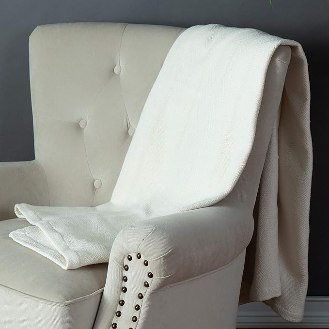 Sticky Toffee Cotton Throw Blanket, 60 x 50 Inch, Ivory Cream Herringbone Weave, Soft Lightweight Woven Blanket for Couch, Boho Farmhouse Style