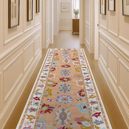 Fame Living Orange Oushak Runner Rug, Modern Runners, Vintage, Turkish, Eclectic, Floral, Pastel, Washable, Runner for Hallway, Kitchen, Bedroom, Bathroom, 2'5"x9'8"